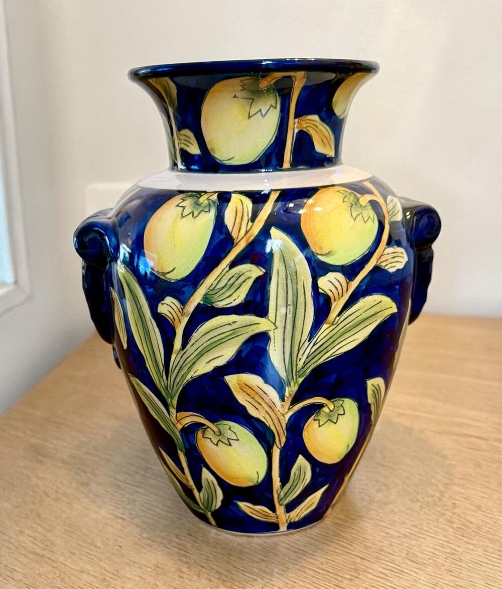 Antique Art Deco Czechoslovakian Vase “Fruits” Pattern Figural Mask Handles